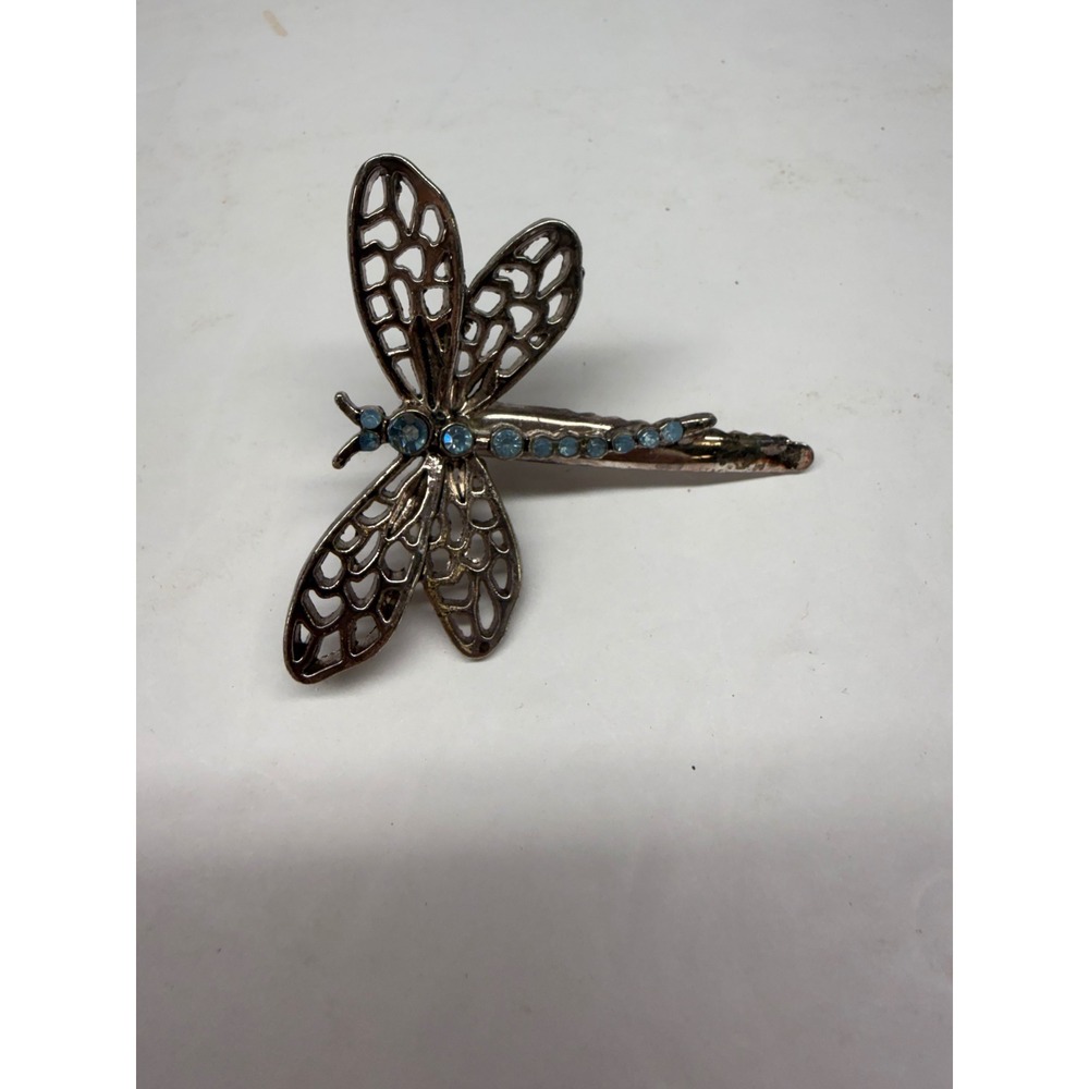 Vintage Dragonfly Hair Clip Silver Tone Blue Rhinestone Filigree Alligator Pinch